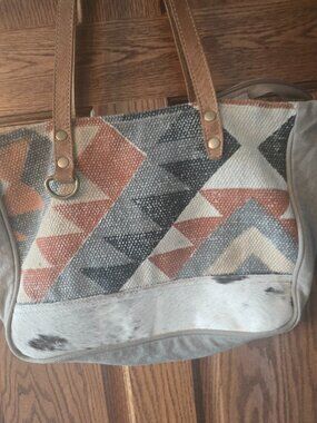 Myra Canvas Tote w/ Leather Handles & Cowhide Front Accent